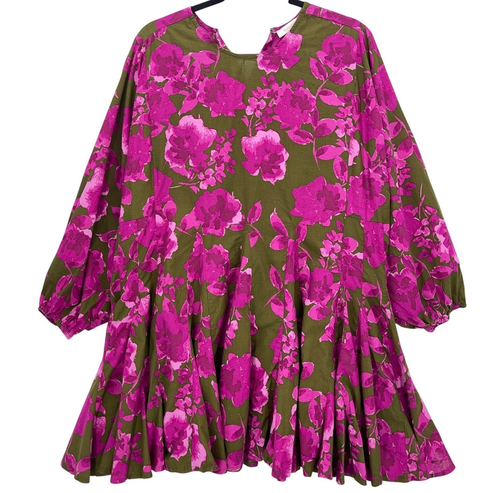 Olivaceous Green Pink Floral Babydoll Dress S Mini Long Sleeve Cotton Pleated